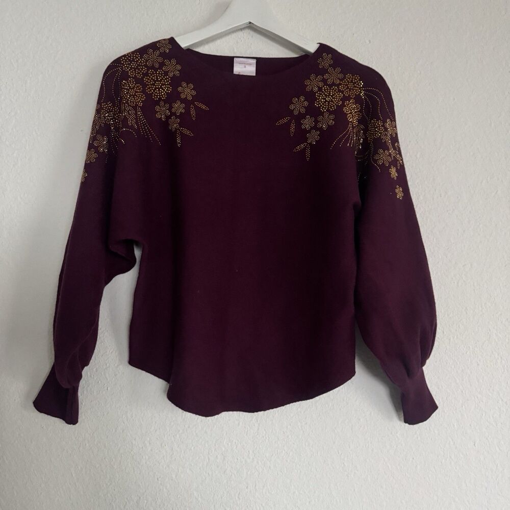 Luna Dolman Sleeve Embellished Pullover Sweater Studded Purple Rounded Hem Sz S - Picture 11 of 15